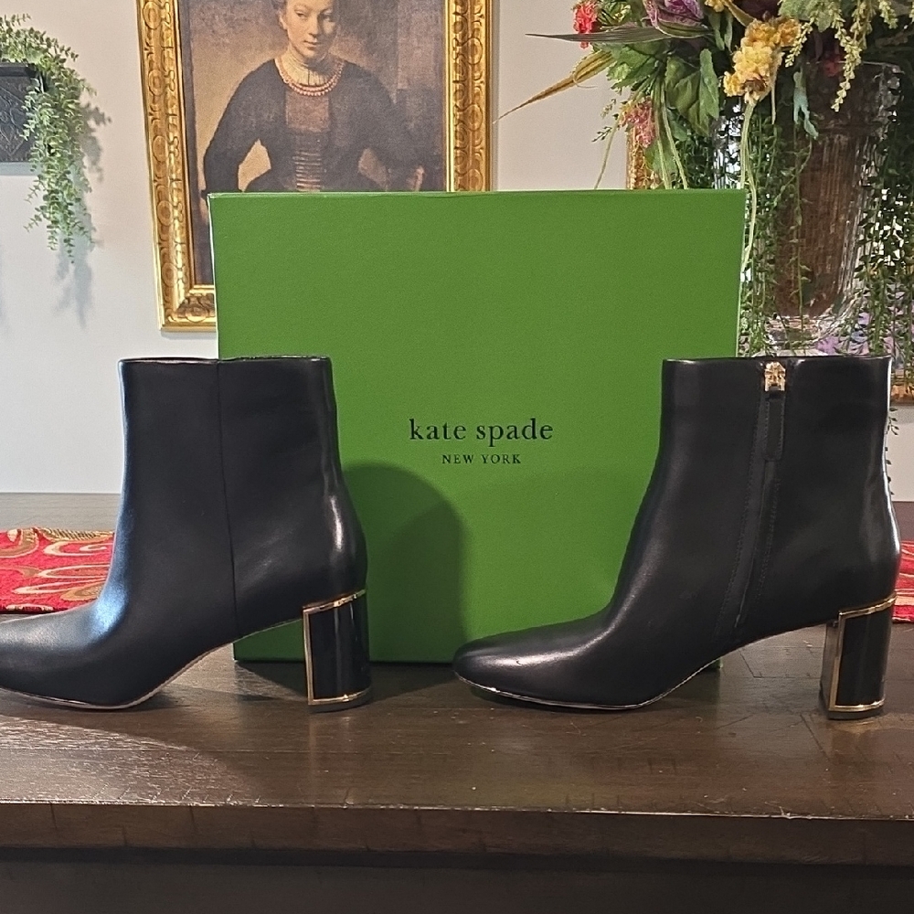 Kate Spade Black Leather Merritt Bootie with Metallic Gold Block Heel.